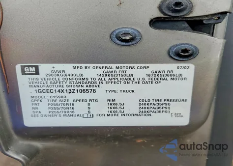 2003 Chevrolet Silverado C1500 from USA, damaged, VIN 1GCEC14X13Z106578